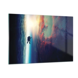 Obraz na szkle - Astronauta dryfujący w przestrzeni kosmicznej w stronę światła - 120x80cm - Mierzyć się ze wszechświatem - Nowoczesna dekoracja ścienna do salonu, kuchni i sypialni ARTTOR