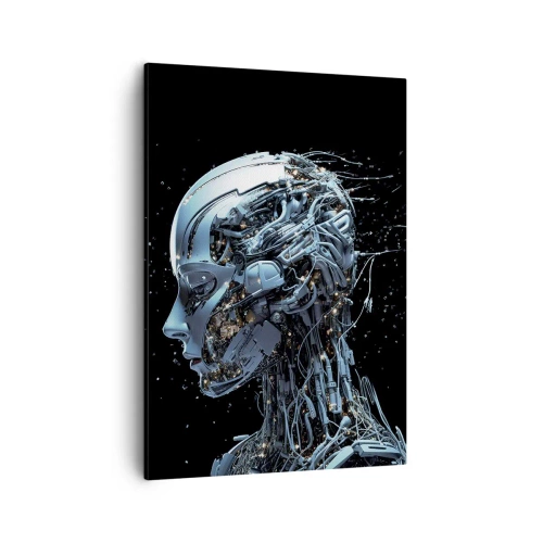 Obraz na płótnie - Cybernetyczna postać humanoidalna z futurystycznymi detalami - 50x70cm - Technologia jest kobietą - Nowoczesna dekoracja ścienna do salonu, kuchni i sypialni ARTTOR