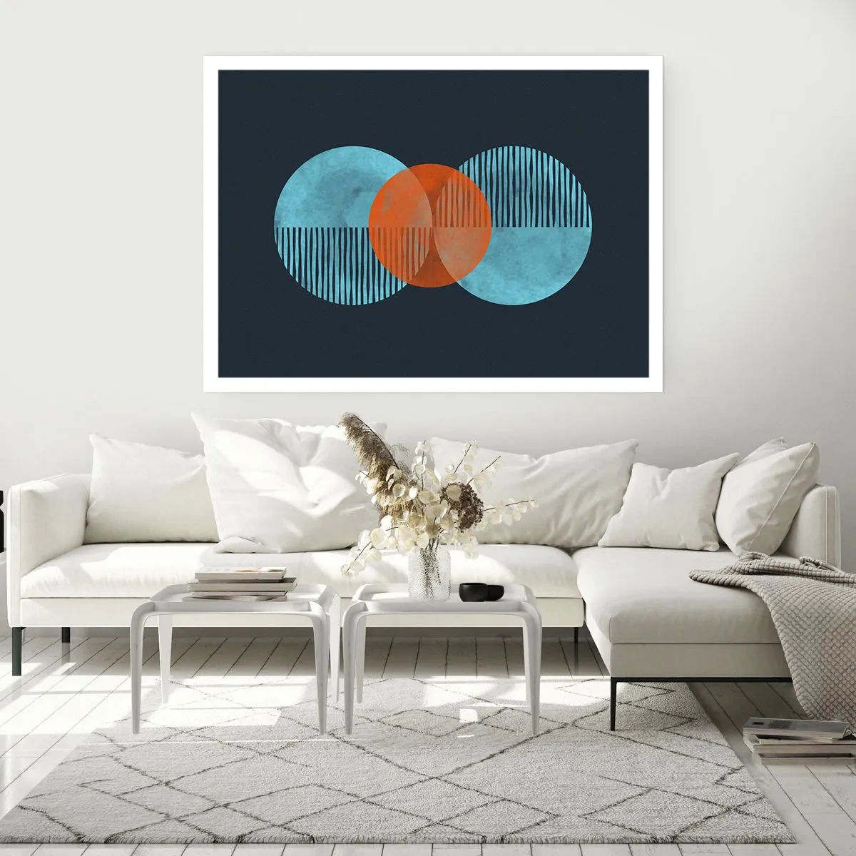 Plakat - Geometryczne koła w odcieniach niebieskiego i pomarańczowego - 100x70cm - Kompozycja symetryczna - Nowoczesna dekoracja ścienna do salonu i sypialni ARTTOR