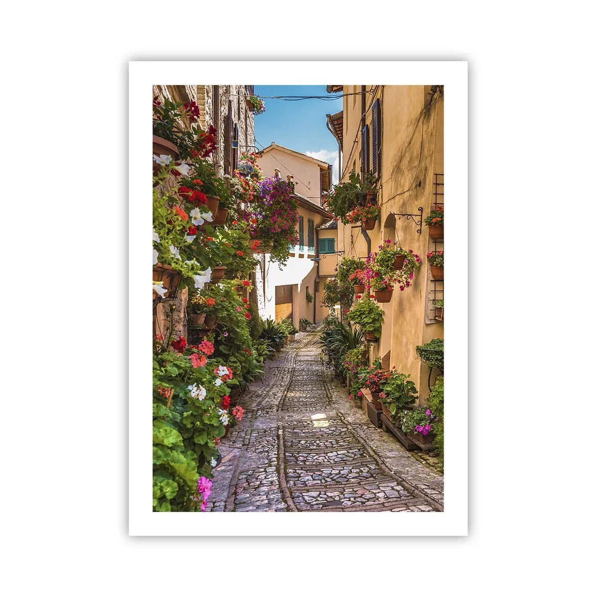 Plakat - Urocza uliczka z kwiatami i brukowaną ścieżką w słoneczny dzień - 50x70cm - Włoski zaułek - Nowoczesna dekoracja ścienna do salonu, kuchni i sypialni ARTTOR