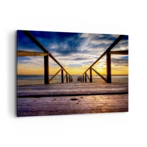 Obraz na płótnie - Drewniany pomost prowadzący na plażę o zachodzie słońca - 100x70cm - Prosto na cichą plażę o zachodzie słońca - Nowoczesna dekoracja ścienna do salonu, kuchni i sypialni ARTTOR