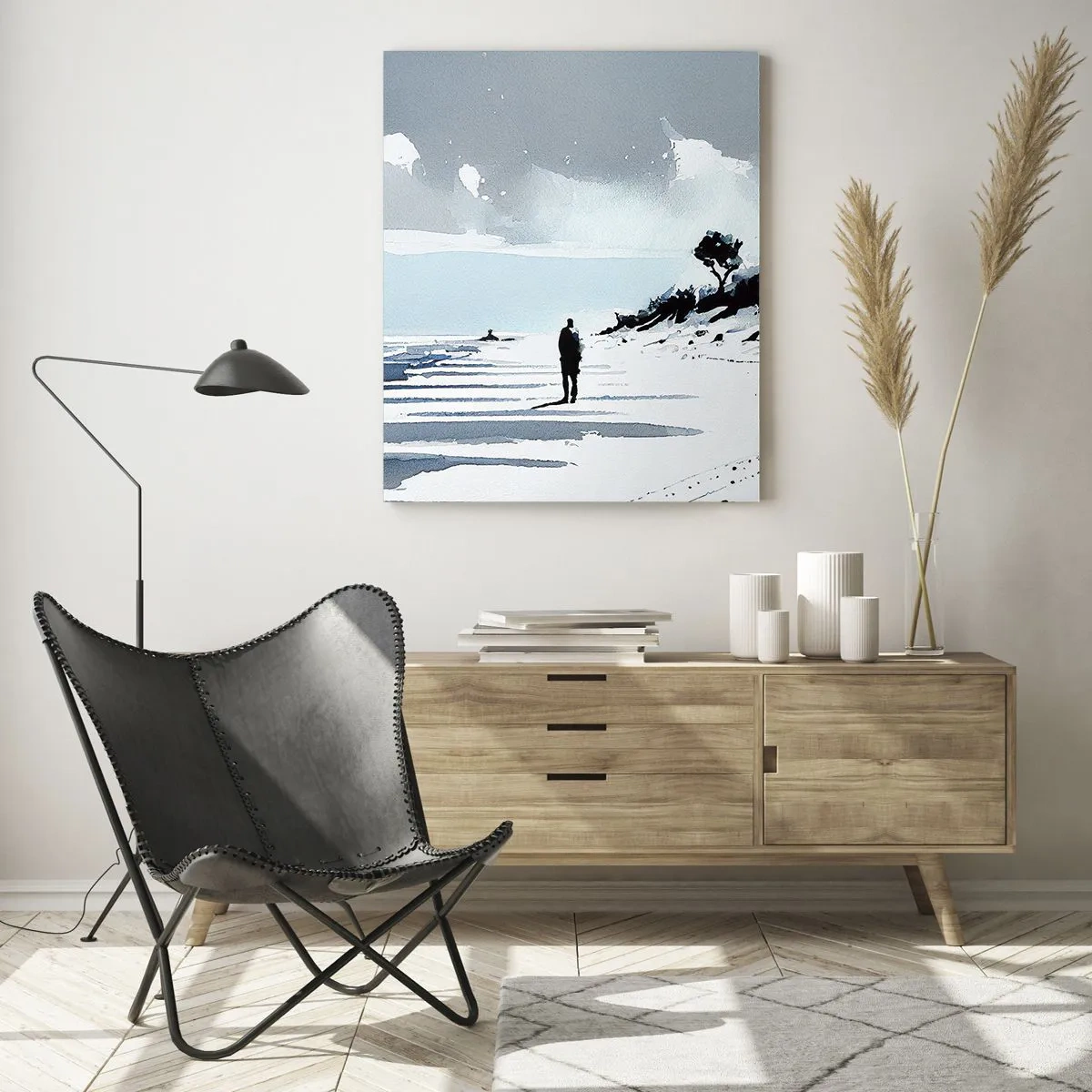 Obraz na szkle - Sylwetka samotnej osoby spacerującej po pustej plaży - 50x70cm - Sam na sam - Nowoczesna dekoracja ścienna do salonu, kuchni i sypialni ARTTOR