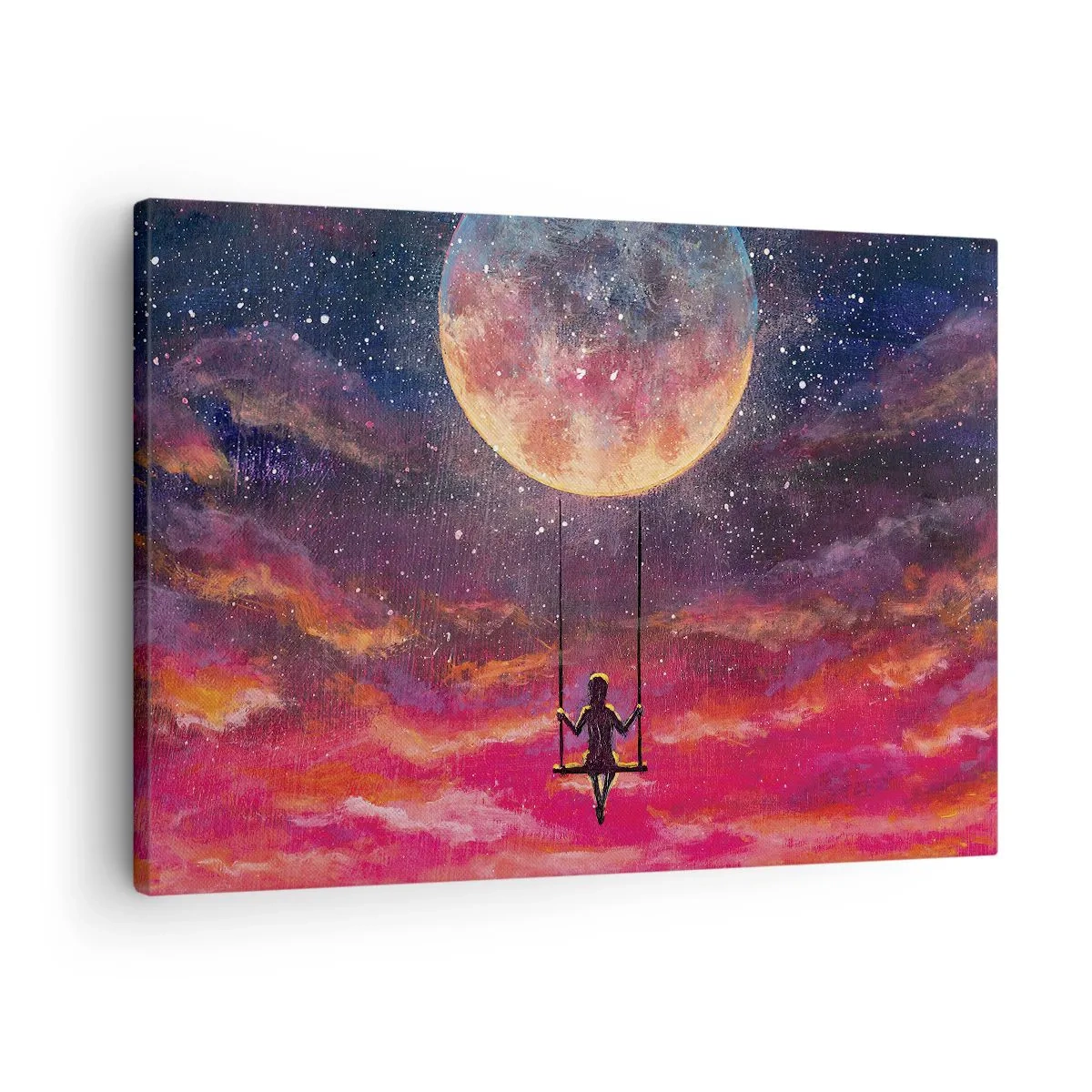 Obraz na płótnie - Postać na huśtawce zawieszonej na tle księżyca - 70x50cm - Bujać w obłokach - Nowoczesna dekoracja ścienna do salonu i sypialni ARTTOR