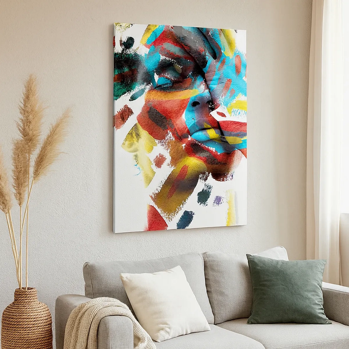 Obraz na płótnie - Abstrakcyjny portret twarzy w intensywnych kolorach - 50x70cm - Barwna osobowość - Nowoczesna dekoracja ścienna do salonu, kuchni i sypialni ARTTOR