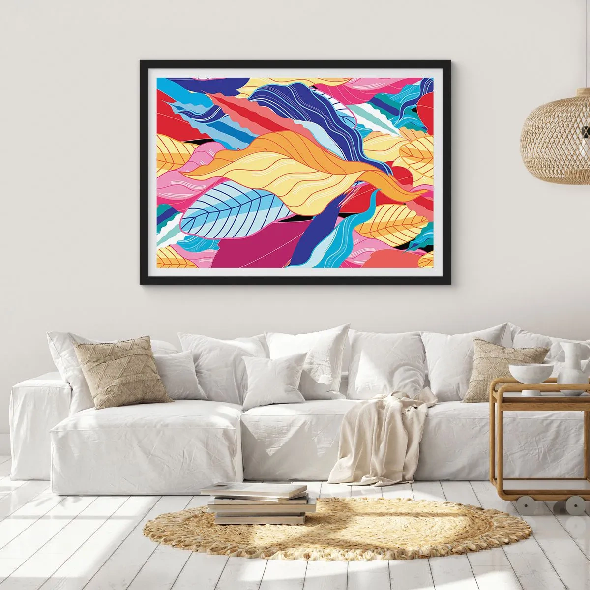 Plakat w czarnej ramie - Barwne liście w żywych kolorach tworzące dynamiczną kompozycję - 70x50cm - Kolorowy bałagan - Nowoczesna dekoracja ścienna do salonu i sypialni ARTTOR