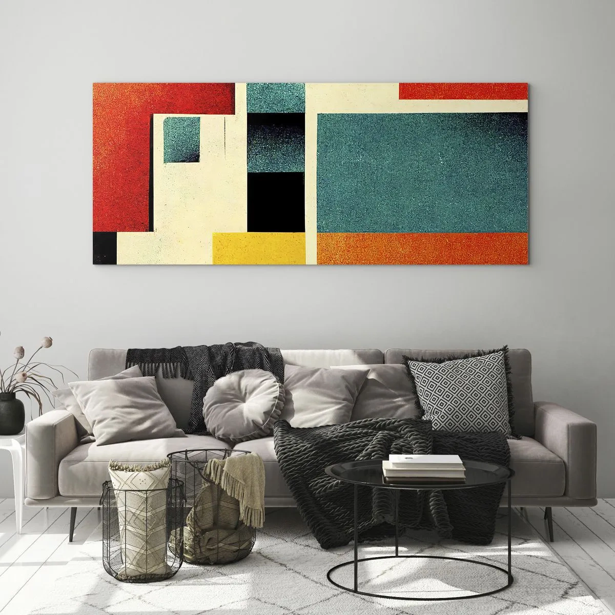 Obraz na szkle - Geometryczna abstrakcja z kolorowymi prostokątami i kwadratami - 140x50cm - Abstrakcja geometryczna – dobra energia - Nowoczesna dekoracja ścienna do salonu i sypialni ARTTOR