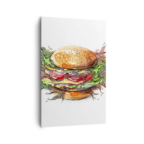 Obraz na płótnie - Artystyczna ilustracja burgera z dynamicznymi elementami - 80x120cm - Gorąca pokusa - Nowoczesna dekoracja ścienna do salonu i sypialni ARTTOR