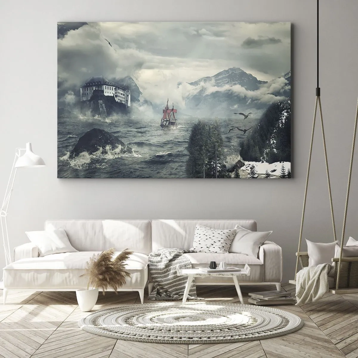 Obraz na płótnie - Tajemniczy krajobraz z zamkiem, górami i statkiem - 70x50cm - Na magicznych wodach - Nowoczesna dekoracja ścienna do salonu i sypialni ARTTOR