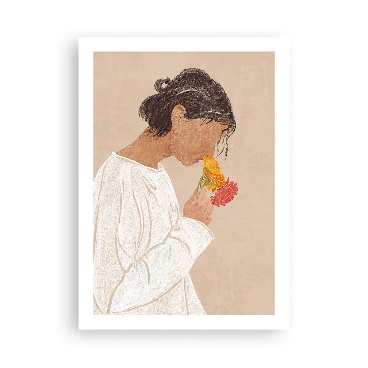 Plakat - Kobieta w bieli w chwili zadumy nad kwiatami - 50x70cm - Dziewczyna i kwiaty - Nowoczesna dekoracja ścienna do salonu, kuchni i sypialni ARTTOR