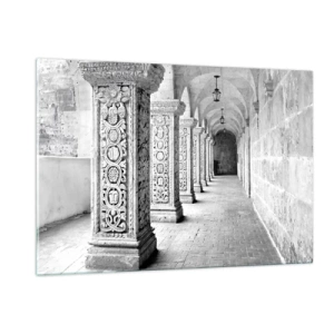 Obraz na szkle - Zabytkowy krużganek z rzeźbionymi kolumnami - 120x80cm - A dokąd to…? - Nowoczesna dekoracja ścienna do salonu, kuchni i sypialni ARTTOR