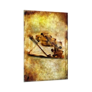 Obraz na szkle - Skrzypce z nutami na tle w stylu vintage w ciepłych odcieniach - 70x100cm - Wirtuoz potrzebny od zaraz - Nowoczesna dekoracja ścienna do salonu i sypialni ARTTOR
