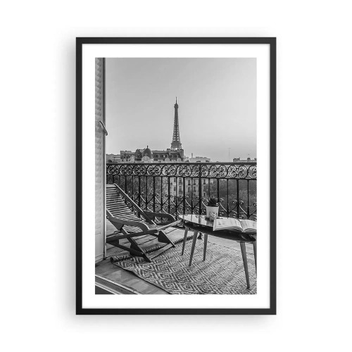 Plakat w czarnej ramie - Widok na Wieżę Eiffla z eleganckiego paryskiego balkonu - 50x70cm - Paryskie popołudnie - Nowoczesna dekoracja ścienna do salonu i sypialni ARTTOR
