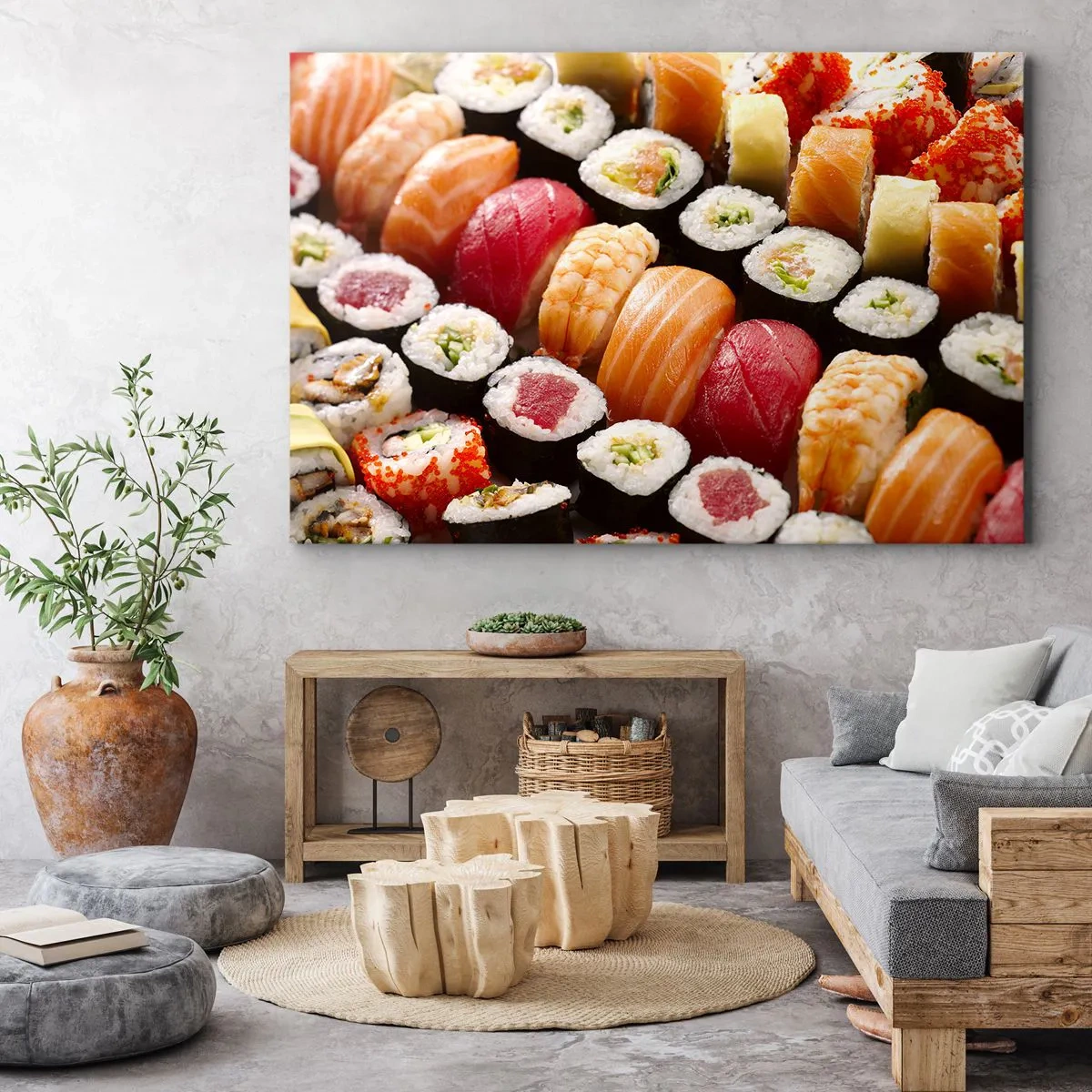 Obraz na płótnie - Kolorowe sushi ułożone w rzędy z różnorodnymi dodatkami - 100x70cm - Barwy i smaki Azji - Nowoczesna dekoracja ścienna do salonu, kuchni i sypialni ARTTOR