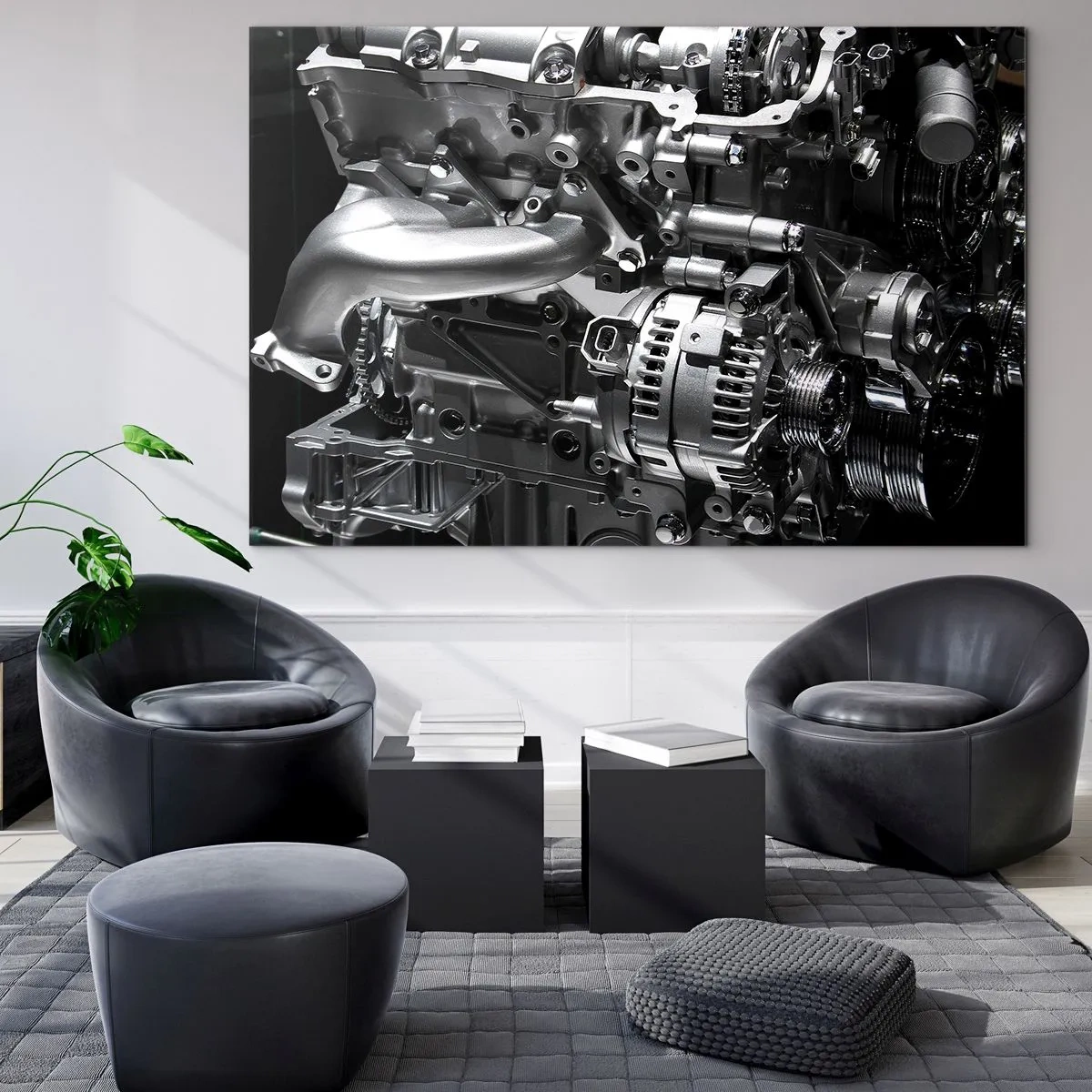Obraz na szkle - Szczegóły metalowego silnika na czarnym tle - 120x80cm - Stalowy, piękny, silny - Nowoczesna dekoracja ścienna do salonu, kuchni i sypialni ARTTOR