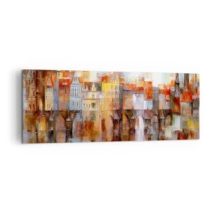 Obraz na płótnie - Malownicza panorama miasta z mostem w jesiennych barwach - 140x50cm - Pod mostem też pięknie - Nowoczesna dekoracja ścienna do salonu i sypialni ARTTOR