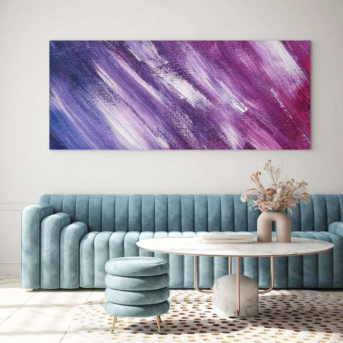 Obraz na szkle - Abstrakcyjne pociągnięcia pędzla w odcieniach fioletu i różu - 120x50cm - Gdy wieje słoneczny wiatr - Nowoczesna dekoracja ścienna do salonu i sypialni ARTTOR