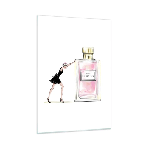 Obraz na szkle - Kobieta w czarnej sukience przy dużej butelce perfum - 50x70cm - Esencja kobiecości - Nowoczesna dekoracja ścienna do salonu, kuchni i sypialni ARTTOR
