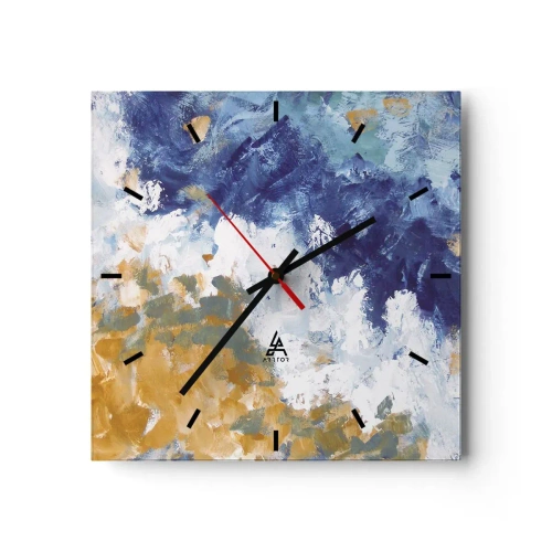 Zegar ścienny - Abstrakcja w odcieniach błękitu, bieli i złota - 30x30cm - Taniec żywiołów - Nowoczesna dekoracja ścienna do salonu i sypialni ARTTOR