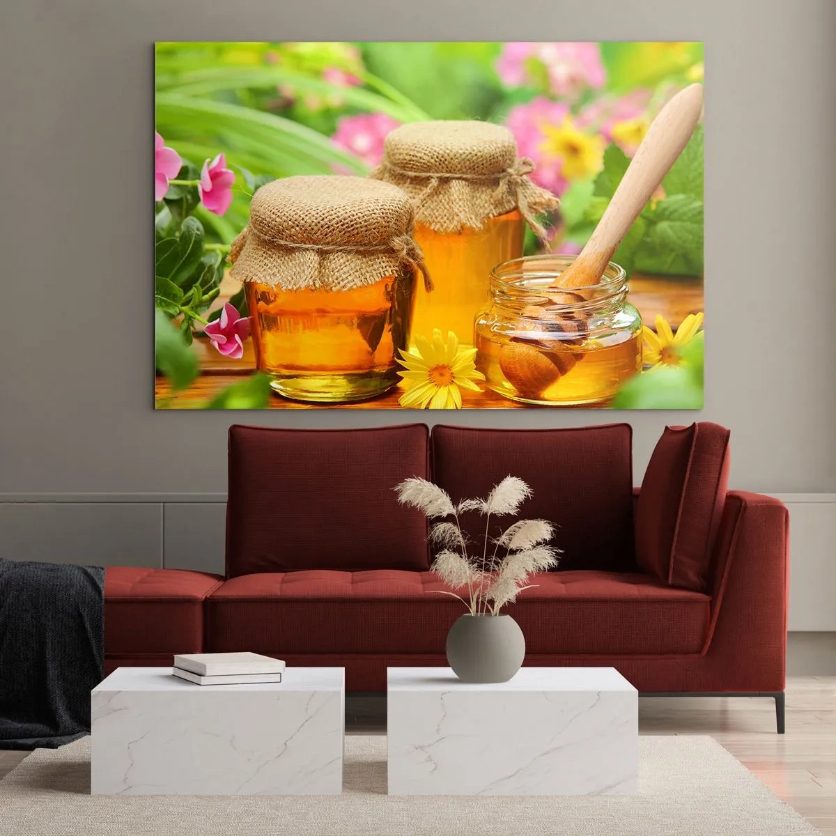 Obraz na szkle - Słoiki z miodem na tle kwiatów w ogrodzie - 100x70cm - Słodko i kwiatowo - Nowoczesna dekoracja ścienna do salonu, kuchni i sypialni ARTTOR