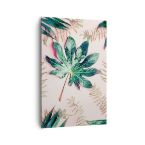 Obraz na płótnie - Tropikalne liście na jasnym pastelowym tle - 80x120cm - Studium zieleni na różowym tle - Nowoczesna dekoracja ścienna do salonu i sypialni ARTTOR