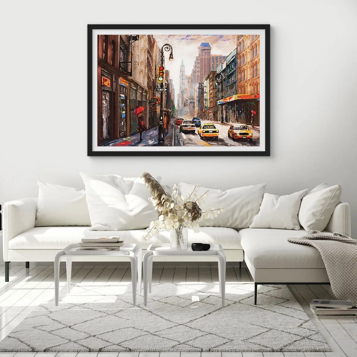 Plakat w czarnej ramie - Miejski pejzaż z ulicą i żółtymi taksówkami - 70x50cm - Nowy Jork – w deszczu tez kolorowy - Nowoczesna dekoracja ścienna do salonu i sypialni ARTTOR