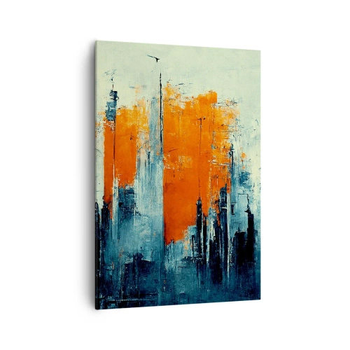Obraz na płótnie - Abstrakcyjny pejzaż miejski w odcieniach pomarańczu i błękitu - 70x100cm - Pejzaż nowoczesny - Nowoczesna dekoracja ścienna do salonu i sypialni ARTTOR