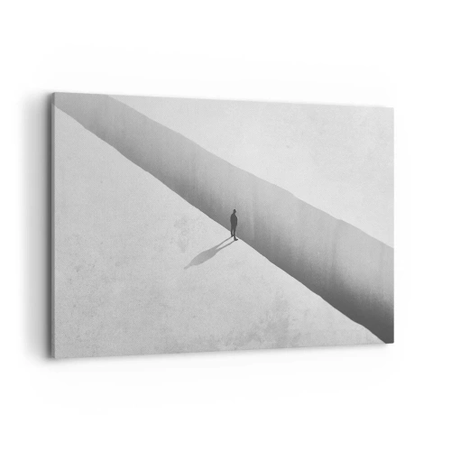 Obraz na płótnie - Samotna postać nad głęboką przepaścią w monochromatycznej scenerii - 120x80cm - Jasny cel - Nowoczesna dekoracja ścienna do salonu, kuchni i sypialni ARTTOR