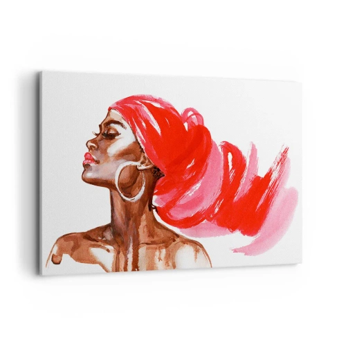 Obraz na płótnie - Profil kobiety z czerwonym turbanem i kolczykami - 120x80cm - "Jest wiatr, co nozdrza mężczyzny rozchyla" - Nowoczesna dekoracja ścienna do salonu, kuchni i sypialni ARTTOR