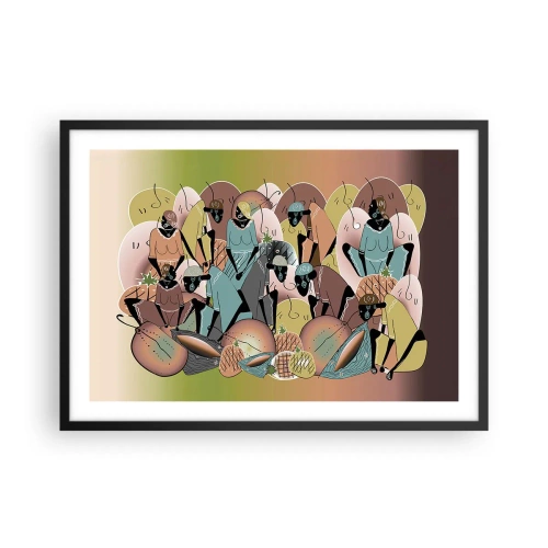 Plakat w czarnej ramie - Kolorowa kompozycja abstrakcyjna inspirowana kulturą afrykańską - 70x50cm - Nadchodzi wielkie święto - Nowoczesna dekoracja ścienna do salonu i sypialni ARTTOR