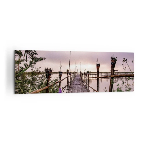 Obraz na płótnie - Bambusowy most na wodzie o świcie - 160x50cm - Spokój i cisza Azji - Nowoczesna dekoracja ścienna do salonu i sypialni ARTTOR