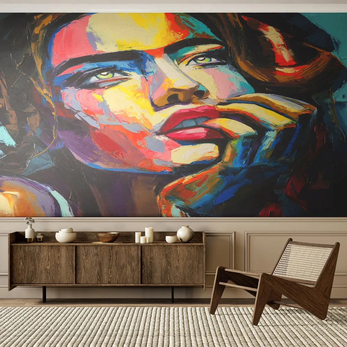 Fototapeta Premium Sand - Kolorowy portret kobiety w ekspresyjnym stylu malarskim - 100x70cm - Marzenia jak ptaki szybują po niebie - Nowoczesna dekoracja ścienna do salonu, kuchni i sypialni ARTTOR