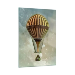 Obraz na szkle - Stylizowany balon na tle gwiaździstego nieba i chmur - 50x70cm - Pionierskie loty - Nowoczesna dekoracja ścienna do salonu, kuchni i sypialni ARTTOR