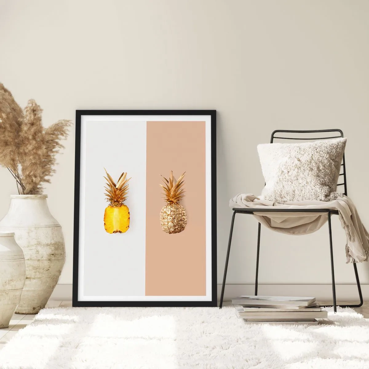 Plakat w czarnej ramie - Minimalistyczna kompozycja dwóch ananasów - 50x70cm - Ananas dla nas - Nowoczesna dekoracja ścienna do salonu i sypialni ARTTOR