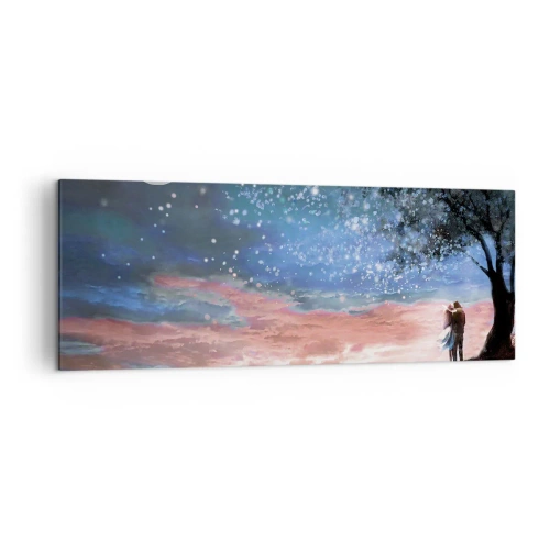 Obraz na płótnie - Romantyczna scena pary pod pełnią księżyca - 140x50cm - Gwiaździsty spektakl - Nowoczesna dekoracja ścienna do salonu i sypialni ARTTOR