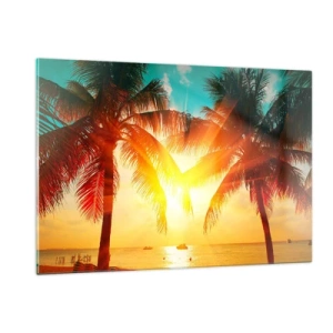 Obraz na szkle - Palmy oświetlone słońcem nad tropikalną plażą - 120x80cm - Egzotyczna para - Nowoczesna dekoracja ścienna do salonu, kuchni i sypialni ARTTOR