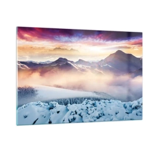 Obraz na szkle - Górski krajobraz zimowy z zachodzącym słońcem i mgłą - 120x80cm - Siła i czystość natury - Nowoczesna dekoracja ścienna do salonu, kuchni i sypialni ARTTOR