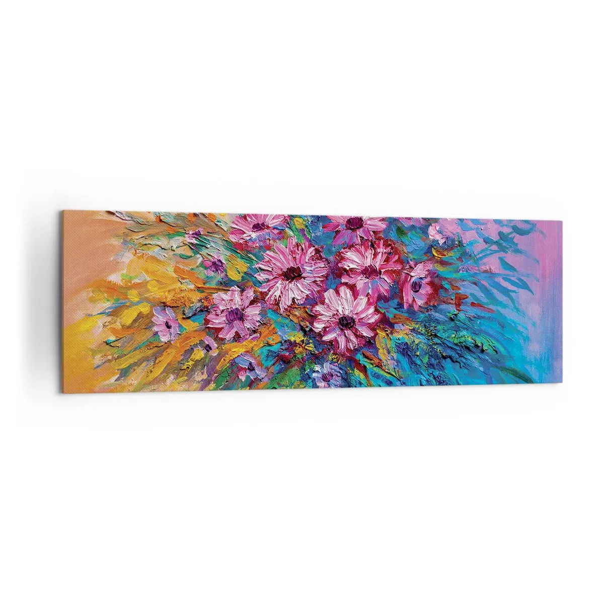 Obraz na płótnie - Kolorowe kwiaty w bukiecie na tle w pastelowych odcieniach - 160x50cm - Energia życia - Nowoczesna dekoracja ścienna do salonu i sypialni ARTTOR