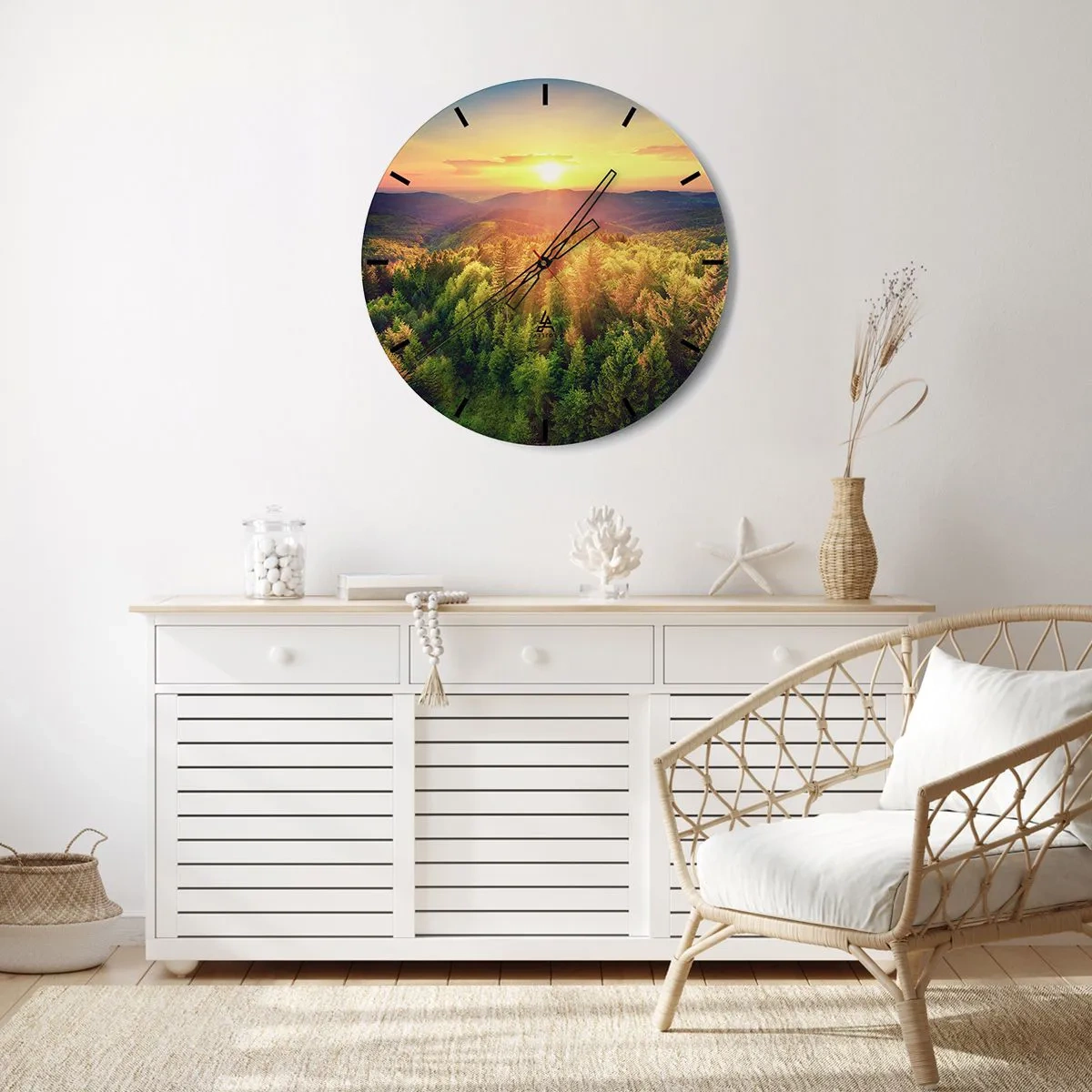 Zegar ścienny - Górski krajobraz z zachodzącym słońcem i lasami - 30x30cm - Wierzchołki i szczyty - Nowoczesna dekoracja ścienna do salonu, kuchni i sypialni ARTTOR