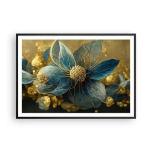 Plakat w czarnej ramie - Eleganckie kwiaty w odcieniach niebieskiego i złota - 100x70cm - Zakwitnąć złotem - Nowoczesna dekoracja ścienna do salonu i sypialni ARTTOR