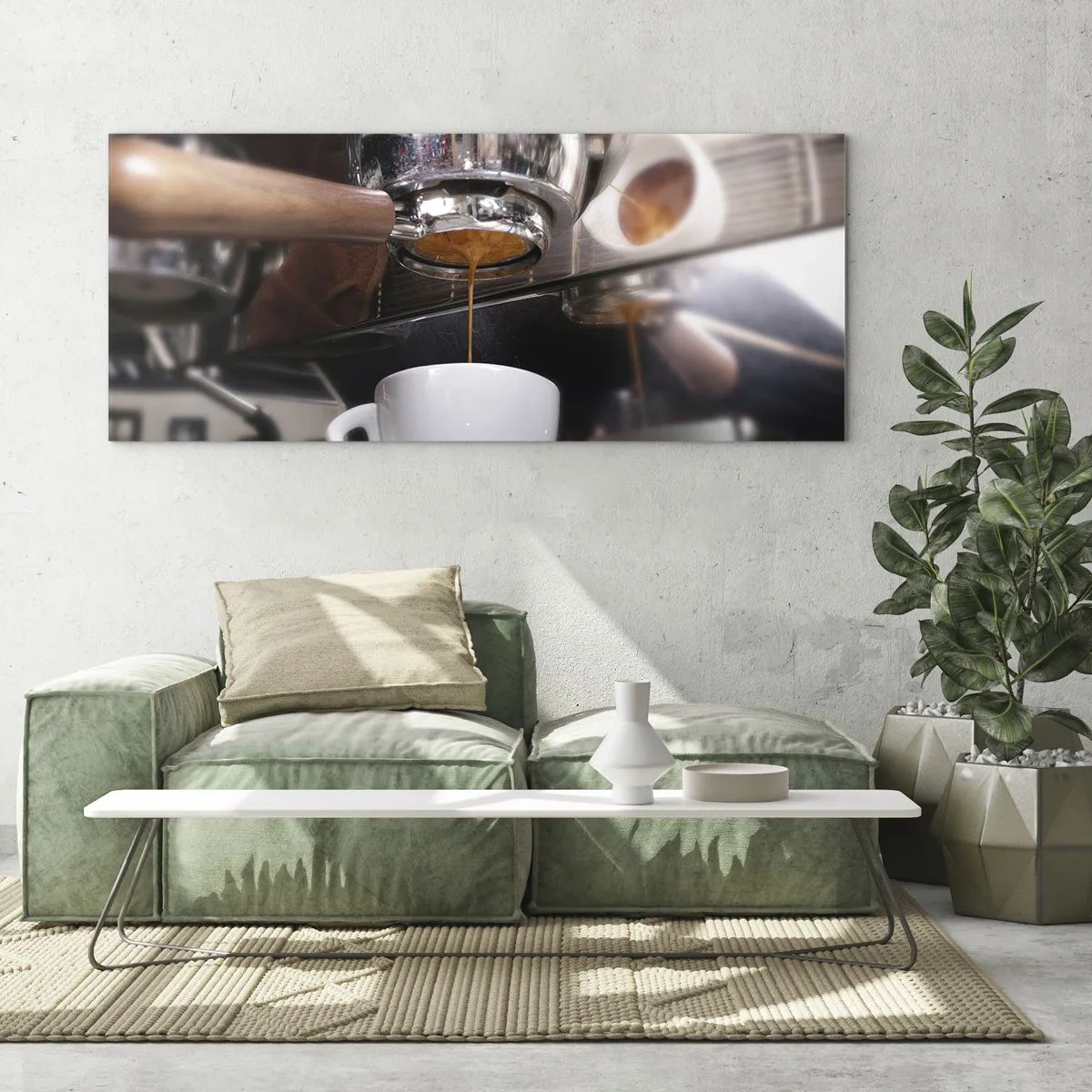 Obraz na szkle - Zbliżenie na ekspres do kawy przygotowujący świeże espresso - 140x50cm - Dobra chwila dnia - Nowoczesna dekoracja ścienna do salonu i sypialni ARTTOR