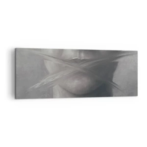 Obraz na płótnie - Symboliczny portret z zamazanymi ustami w szarej tonacji - 140x50cm - Ani słowa - Nowoczesna dekoracja ścienna do salonu i sypialni ARTTOR
