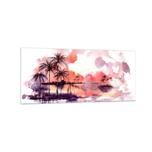 Obraz na szkle - Tropikalny pejzaż z palmami o zachodzie słońca w akwareli - 120x50cm - Spokój tropików w czerwieni - Nowoczesna dekoracja ścienna do salonu i sypialni ARTTOR