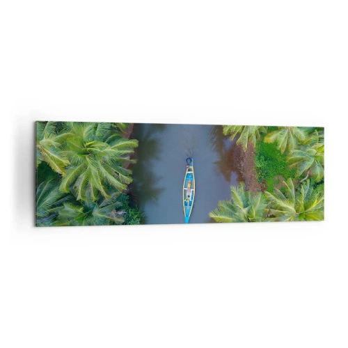 Obraz na płótnie - Łódź na rzece otoczonej palmami z lotu ptaka - 160x50cm - Na tropikalnym szlaku - Nowoczesna dekoracja ścienna do salonu i sypialni ARTTOR