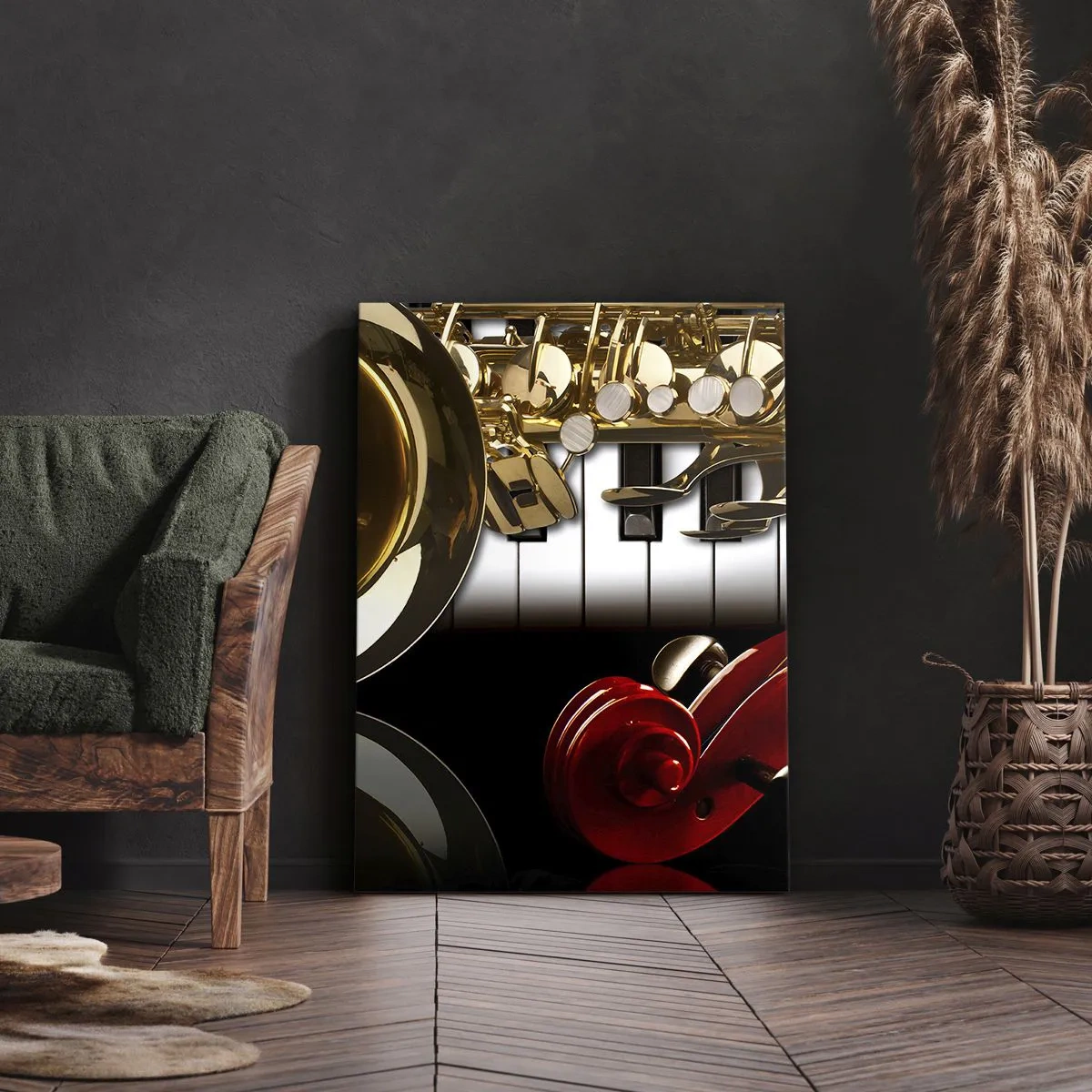 Obraz na płótnie - Złoty saksofon, klawisze fortepianu i czerwona skrzypce - 70x100cm - Blacha, drewno i kość słoniowa - Nowoczesna dekoracja ścienna do salonu i sypialni ARTTOR