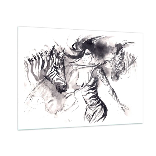 Obraz na szkle - Czarno-biała kompozycja z kobietą i zebrą w artystycznym stylu - 100x70cm - Tańcząca z zebrami - Nowoczesna dekoracja ścienna do salonu, kuchni i sypialni ARTTOR