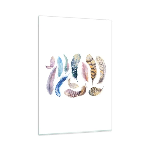 Obraz na szkle - Kolorowe pióra w delikatnym akwarelowym stylu - 80x120cm - Lekkie, pstrokate i wielobarwne - Nowoczesna dekoracja ścienna do salonu i sypialni ARTTOR