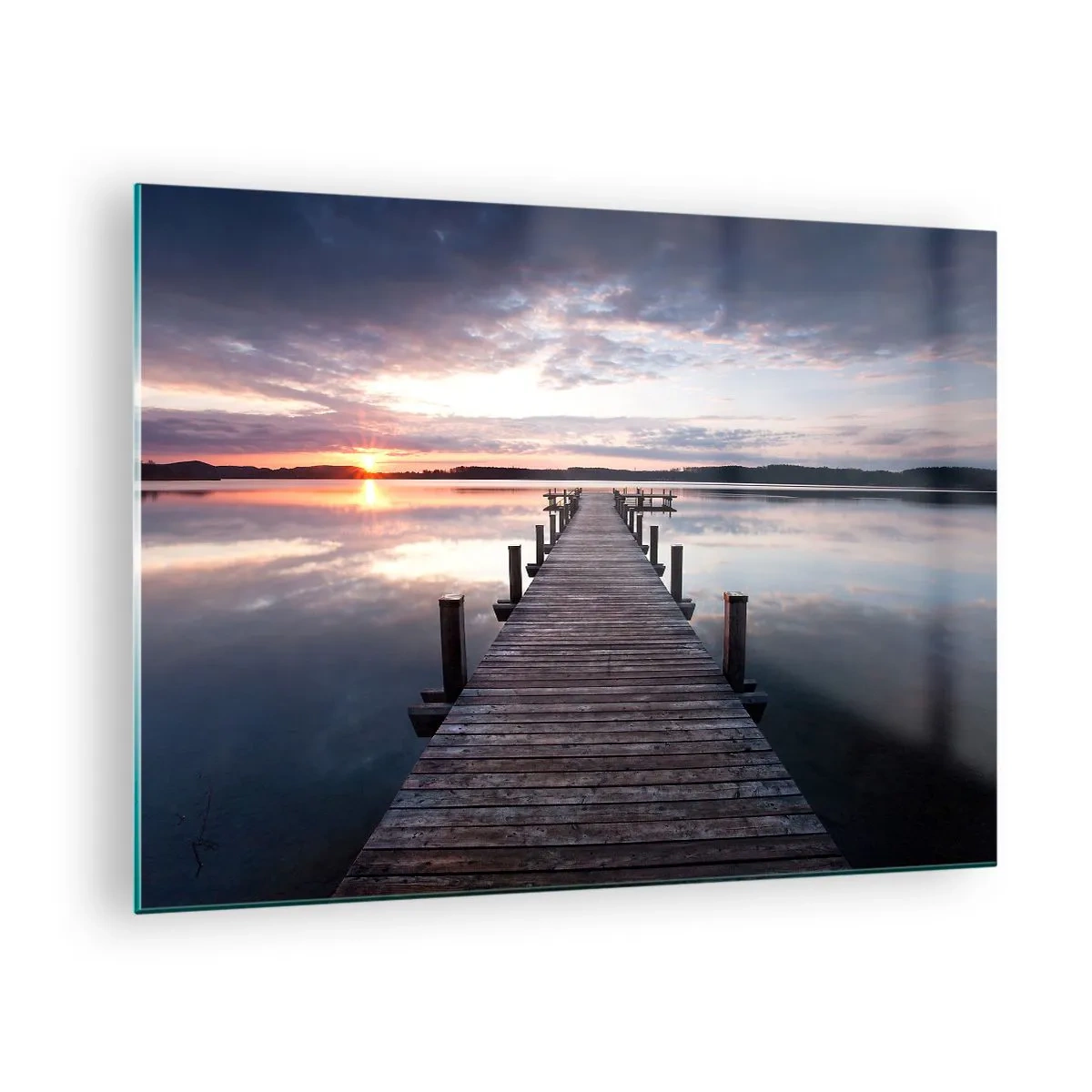 Obraz na szkle - Drewniany pomost na jeziorze o zachodzie słońca - 70x50cm - Cicha granica dnia i nocy - Nowoczesna dekoracja ścienna do salonu i sypialni ARTTOR