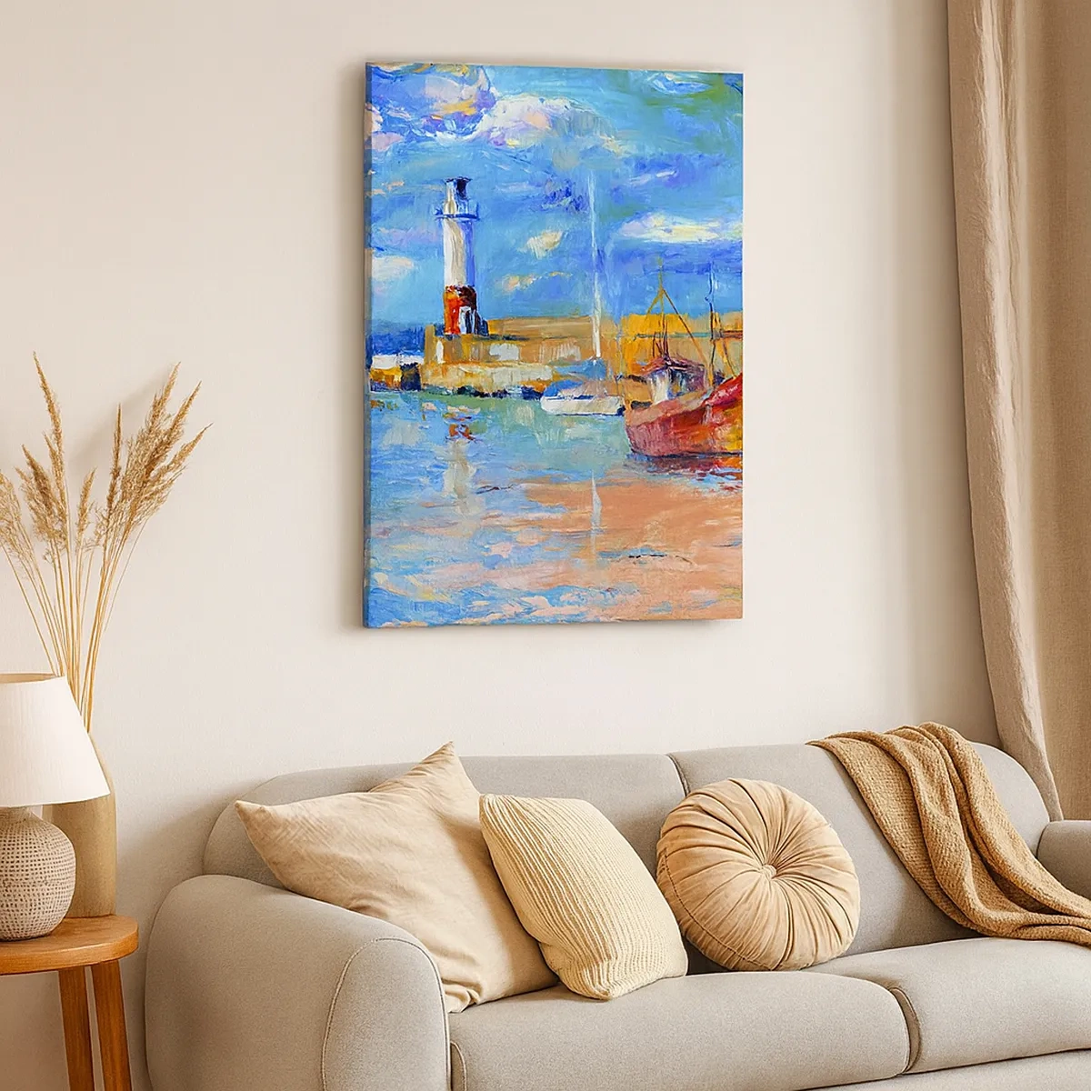 Obraz na płótnie - Malowniczy port morski z latarnią i łodziami - 50x70cm - Popołudnie w tęczowej zatoce - Nowoczesna dekoracja ścienna do salonu, kuchni i sypialni ARTTOR