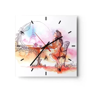 Zegar ścienny - Romantyczna akwarela kobiety w kawiarni z widokiem na wieżę - 30x30cm - Paryski szyk - Nowoczesna dekoracja ścienna do salonu i sypialni ARTTOR