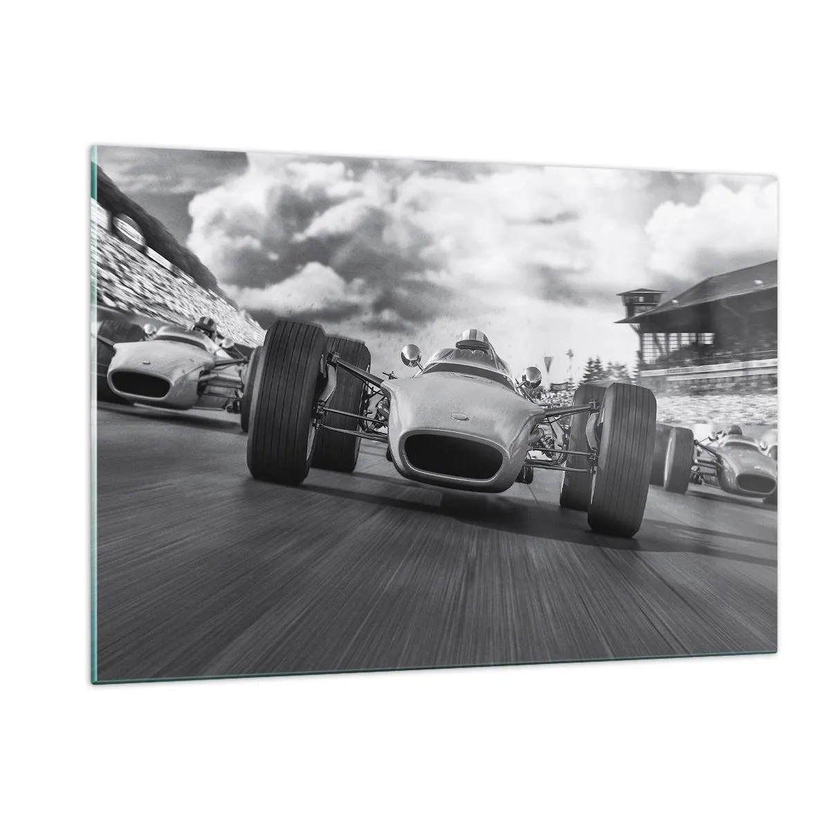 Obraz na szkle - Wyścig klasycznych samochodów na torze w czerni i bieli - 120x80cm - Jest moc! - Nowoczesna dekoracja ścienna do salonu, kuchni i sypialni ARTTOR